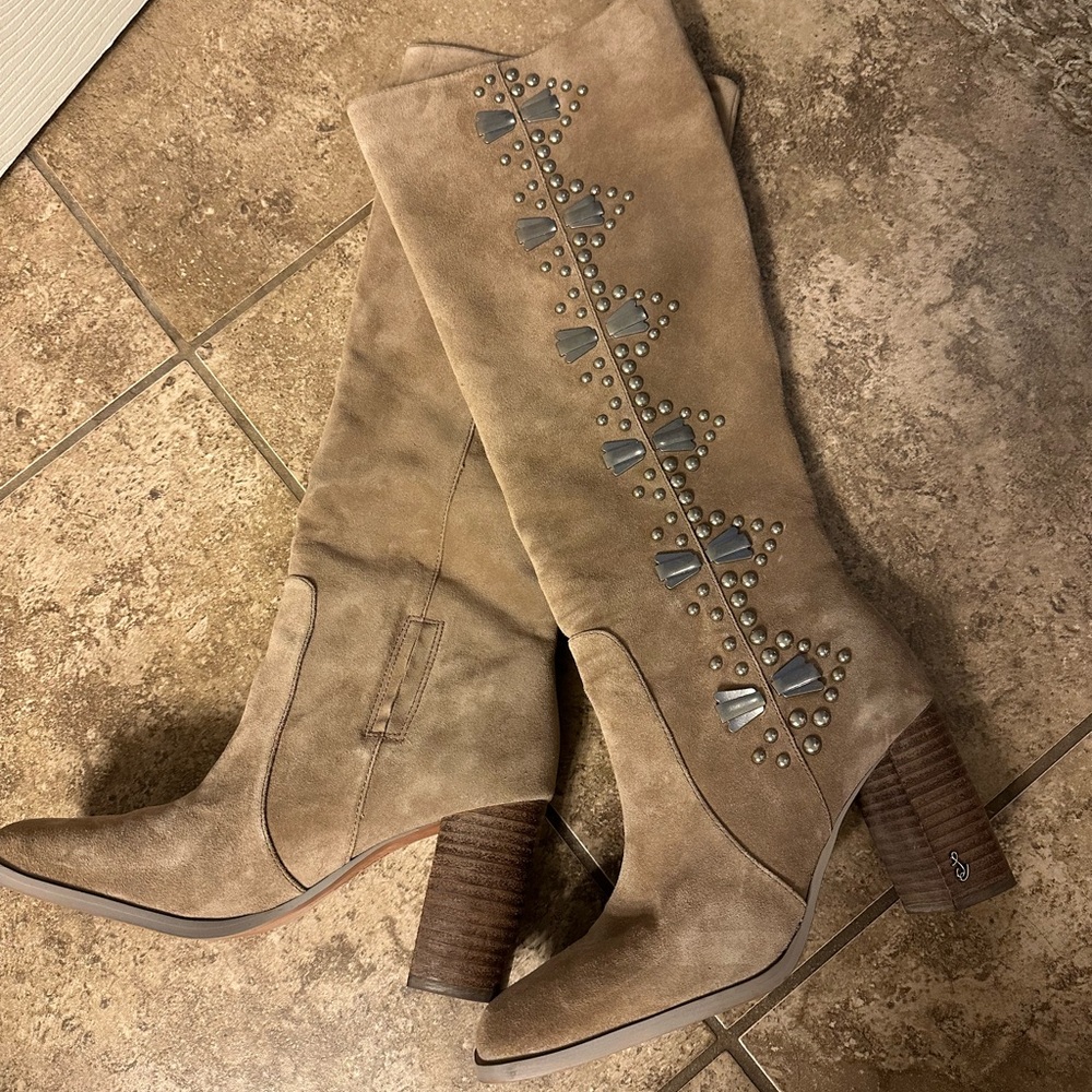 Sam Edelman “Oma” Taupe Studded Heeled Boots